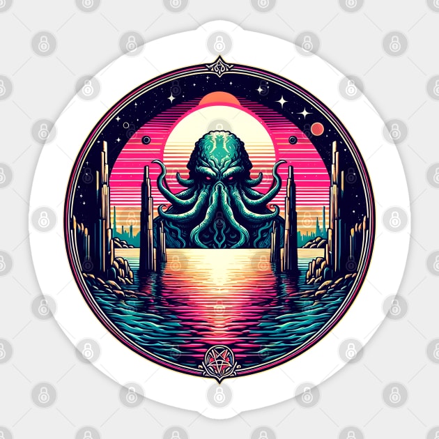 Retro Wave Awakening: Cthulhu's Resurgence from R'lyeh Sticker by MysticVault